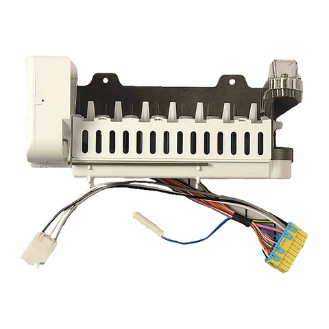 Genuine OEM Ice Maker Assembly for refrigerator, showing connectors and parts, premium replacement, replaces AEQ73130004, easy fit