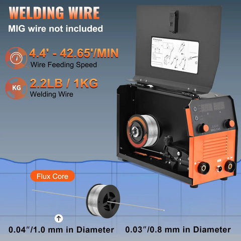 145 Amp Do-It-All 3-In-1 Welder Flux Core MIG, Lift TIG, and Stick Welder With IGBT Inverter showing open wire compartment
