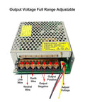 No Fuss Heavy Duty 240W DC Switching Power Supply With Adjustable 0 To 48V Output showing terminal connections and voltage adjustment.