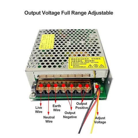No Fuss Heavy Duty 240W DC Switching Power Supply With Adjustable 0 To 48V Output showing terminal connections and voltage adjustment.