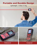 Laser Distance Meter With 196 Feet Range And Backlit LCD Precision To One Sixteenth Inch Pythagorean And Area Volume Calculations Switchable Meters Inches And Feet Units Bubble Level Auto Shut Off Built Tough, held measuring wall distance