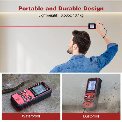 Laser Distance Meter With 196 Feet Range And Backlit LCD Precision To One Sixteenth Inch Pythagorean And Area Volume Calculations Switchable Meters Inches And Feet Units Bubble Level Auto Shut Off Built Tough, held measuring wall distance