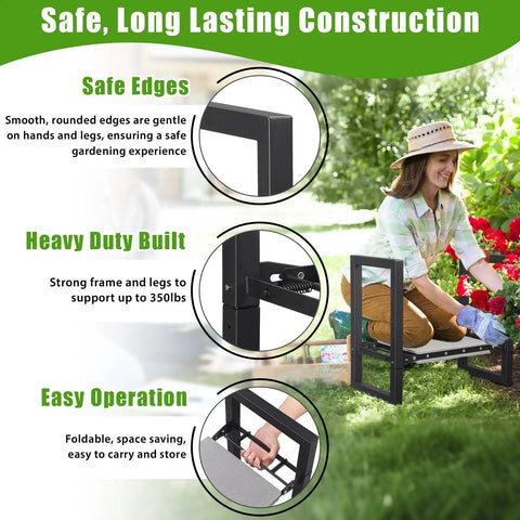 3 In 1 Garden Kneeler And Seat Folding Heavy Duty Bench With Handles for Kneeling and Sitting, shown with user in garden