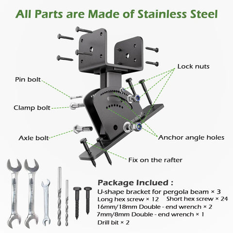 Heavy Duty Stainless Steel Pergola Roof Mount Brackets Set For 4x4 or 4x6 Lumber, Adjustable 0 To 55 Degree Riser Angles, Anchored Design, Corrosion Resistant Black Powder Coated, 3 Pack, Patent Pending, Built For Tough Outdoor Use