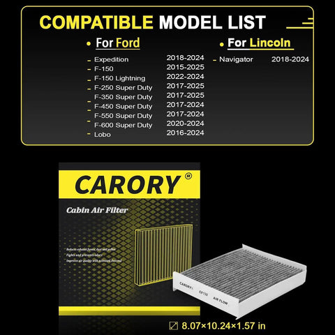 Packaging of Ford Cabin Air Filter With Activated Carbon Keeps Your Ride Fresh For F-150 2015-2025 and compatible models list