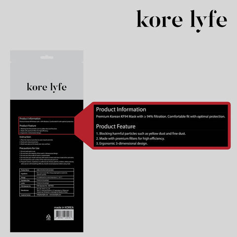Packaging of Ten Pack Extra Large Black KF94 Face Masks With Premium Filtration And Comfortable Breathability Made In Korea.