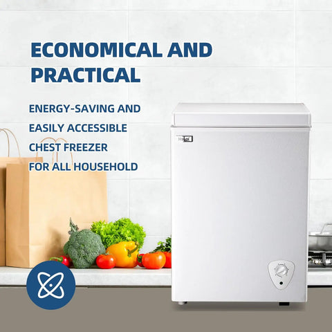 Real Deal 3.5 Cu Ft Compact Chest Freezer With Removable Storage Basket And Smooth Thermostat Dial For Low Noise Dorm Room Or Garage Cold Storage Efficiency, displayed in kitchen with fresh produce.