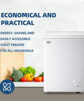 Game Changer Mini Chest Freezer 3.5 Cubic Feet With Lift Out Basket And Silent Thermostat Top Opening Energy Efficient Deep Frozen Storage For Dorms Apartments White next to fresh vegetables and grocery bags.