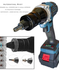 Cordless Rivet Nut Gun With Rechargeable 5.0Ah Battery Powers Through Metric Nutserts M4 To M10 with a close-up view of the nozzle.