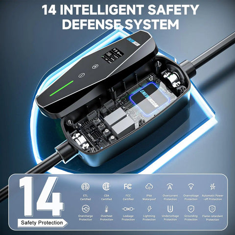 Straight Up Level 1 2 Electric Charger With 25 Foot Extension Cord And Slick Wifi App Tracking ETL Certified dual voltage kit showcasing internal safety system.
