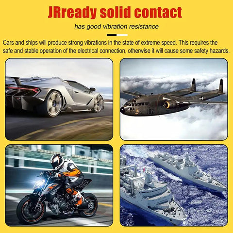 Image illustrating the vibration-resistant JRready solid contact across vehicles like sports cars, aircraft, motorcycles, and ships.
