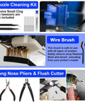 Nozzle cleaning kit, wire brush, and pliers from Must Have 158 Piece 3D Printing Tool Kit With Nozzle Cleaning Kit Deburring Tools Digital Caliper Mini Rotary Tool Smoothing Tools And Printer Finishing Accessories For Clean Precise Prints displayed with tools and demonstration.