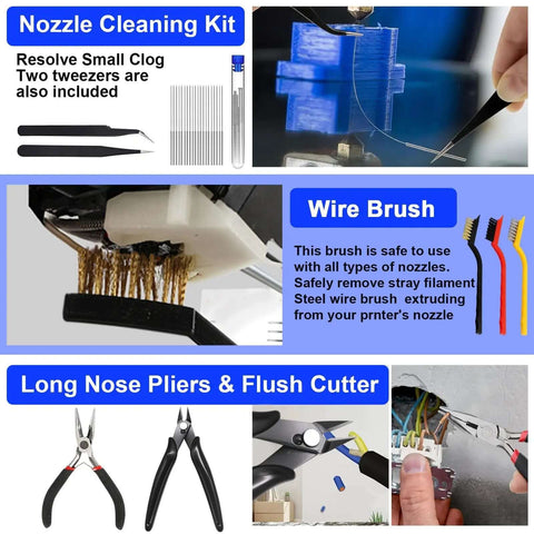 Nozzle cleaning kit, wire brush, and pliers from Must Have 158 Piece 3D Printing Tool Kit With Nozzle Cleaning Kit Deburring Tools Digital Caliper Mini Rotary Tool Smoothing Tools And Printer Finishing Accessories For Clean Precise Prints displayed with tools and demonstration.