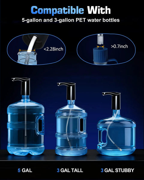 High Output 5 Gallon Jug Water Dispenser With USB C Electric Pump, compatible with 5-gallon, 3-gallon tall and stubby PET bottles.