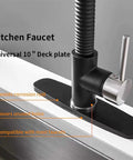 Slick Black Stainless Steel Faucet Cover Plate Three Hole Sink Escutcheon over a sink with a kitchen faucet, 10 inch size.