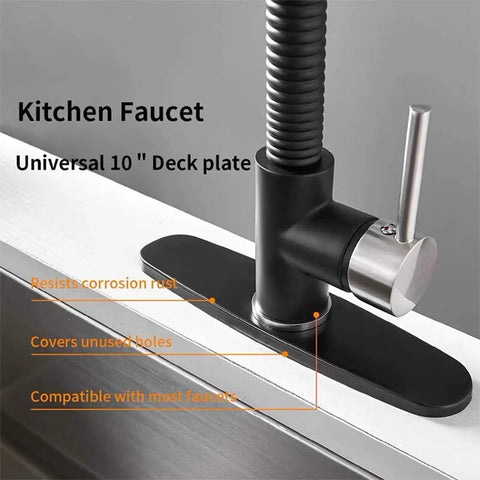 Slick Black Stainless Steel Faucet Cover Plate Three Hole Sink Escutcheon over a sink with a kitchen faucet, 10 inch size.