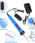 4-In-1 Hot Wire Foam Cutter Set For Arts And Crafts showing blue handle, ON/OFF switch, power adapter, and cutting pen with stand