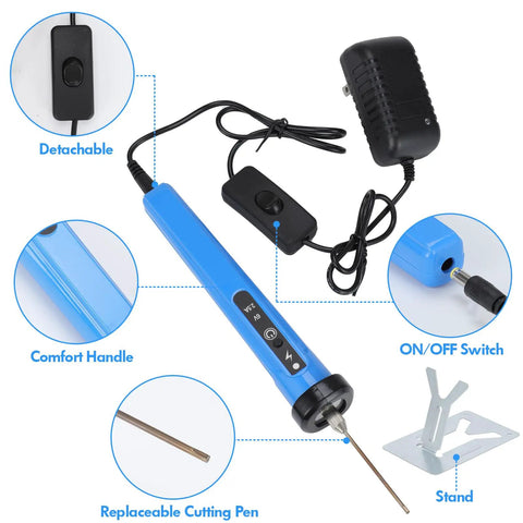 4-In-1 Hot Wire Foam Cutter Set For Arts And Crafts showing blue handle, ON/OFF switch, power adapter, and cutting pen with stand
