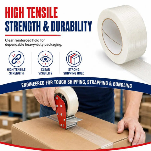 Beefy Five Point Five Mil Fiberglass Reinforced Packing Tape Rock Solid Rubber Resin Adhesive For Heavy Duty Shipping And Cardboard Box Bundling One Inch By Sixty Yards Pack Of Two Dozen on a box being sealed.