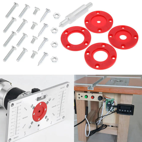 Pro Grade Heavy Gauge Aluminum Router Table Insert Plate With Four Quick Swap Rings And Secure Mount Screws For Woodworking Trim Machines parts and assembly image