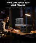 Man using UltraFast Portable Power Station With 1024Wh LiFePO4 Battery And 100W Bifacial Solar Panel at night desk.