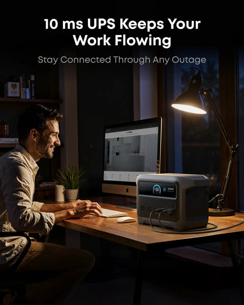 Man using UltraFast Portable Power Station With 1024Wh LiFePO4 Battery And 100W Bifacial Solar Panel at night desk.