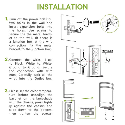 Installation guide for Elekeed LED Indoor Wall Mount Light Fixture, Matte Black Wall Sconce, showing wiring and setup steps.