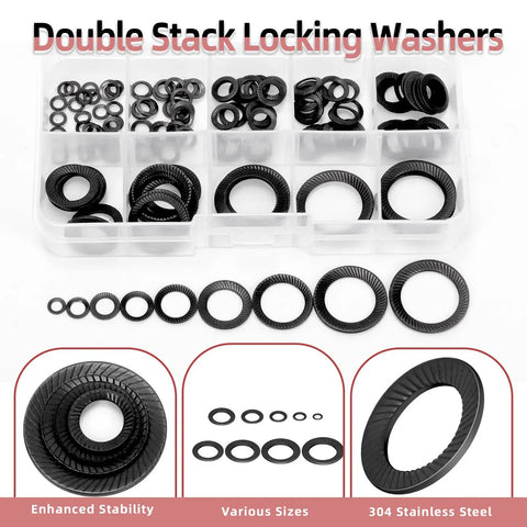 Top Shelf 160 Piece Black Double Side Lock Washer Assortment Kit Featuring Conical Spring Toothed Design For Heavy Duty Garage Projects And Quick Fixes In A Snap with various sizes in a clear organizer