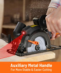 Beast Of A 5.8 Amp Circular Saw With Laser, 4-1/2 Inch Blade, Metal Auxiliary Handle cutting through wood