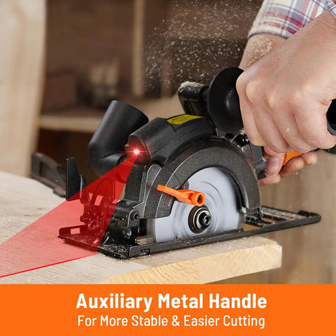 Beast Of A 5.8 Amp Circular Saw With Laser, 4-1/2 Inch Blade, Metal Auxiliary Handle cutting through wood