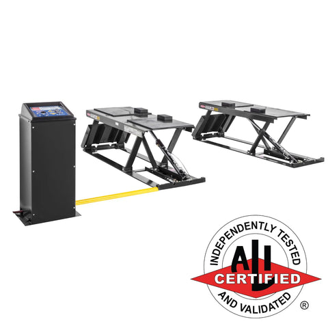 Heavy Duty 9000 Lb Capacity Scissor Vehicle Lift Flush Mount Open Center Design with control unit for garage use.