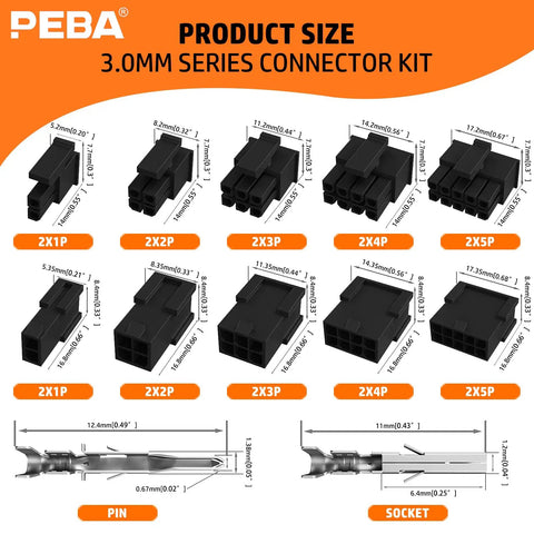 Ratcheting Micro-Fit 3.0 Crimping Tool Kit With 2-10 Pin Dual Row Plug And Receptacle Set, connector sizes diagram
