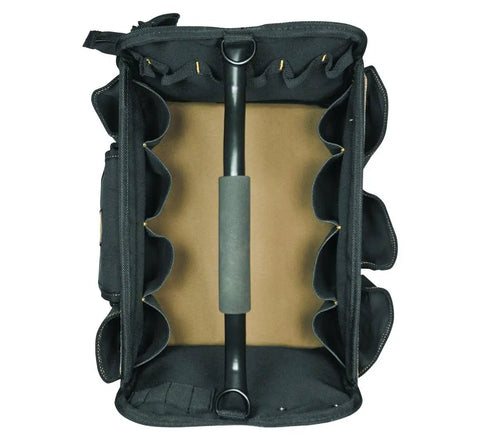 Top view of Open Top Soft Sided Tool Box 14 Inch With 31 Pockets Padded Shoulder Strap Foam Grip Handle Heavy Duty Tool Carrier
