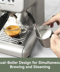 Pro Level Dual Boiler Espresso Machine With Slick Integrated Grinder And Reliable 58mm Portafilter For Steady Extraction Pressure and brewing espresso with milk steaming.