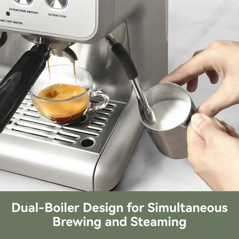 Pro Level Dual Boiler Espresso Machine With Slick Integrated Grinder And Reliable 58mm Portafilter For Steady Extraction Pressure and brewing espresso with milk steaming.