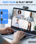4K Webcam For PC With Built In Microphone, legitimate crisp visuals, and smooth autofocus lens displayed on laptop during video call.