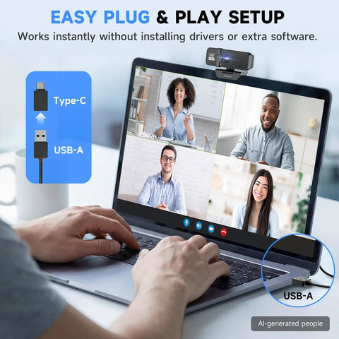 4K Webcam For PC With Built In Microphone, legitimate crisp visuals, and smooth autofocus lens displayed on laptop during video call.