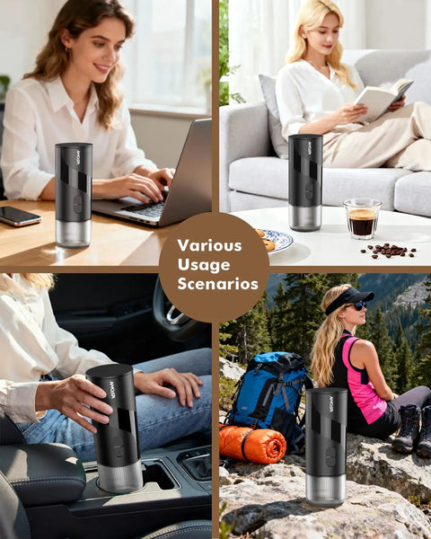 All In One Portable Coffee Maker Set With Mini Electric Espresso Machine, Manual Grinder And Electric Milk Frother in use scenarios.