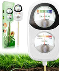 2-In-1 Soil Moisture And pH Test Kit With Dual Dial Meter displayed on grass, showing moisture and pH levels for plants.
