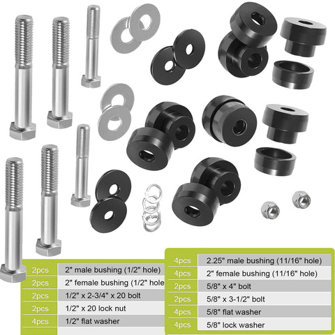 CNC Billet Aluminum Body Mount Bushings Kit for Camaro Nova Chevy II 1967-1981 with bolts, washers, and bushings displayed