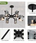Close-up of Six Light Black Glass Chandelier Pendant Lighting Mid Century Ceiling Fixture with detailed parts labeled