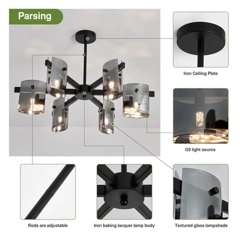 Close-up of Six Light Black Glass Chandelier Pendant Lighting Mid Century Ceiling Fixture with detailed parts labeled