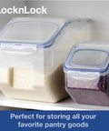 Heavy Duty Bulk Food Storage Containers With Smooth Rolling Wheels And Snap Tight Lids, 50 Cup Dry Goods Pantry Bin With Measuring Cup in organized pantry.