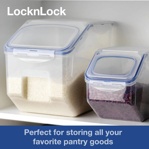 Heavy Duty Bulk Food Storage Containers With Smooth Rolling Wheels And Snap Tight Lids, 50 Cup Dry Goods Pantry Bin With Measuring Cup in organized pantry.