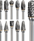 Double Cut Carbide Burr Set Ten Pieces With One Eighth Inch Shanks for rotary tools in various shapes