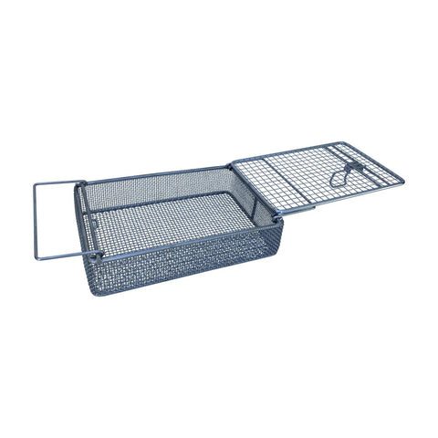 Premium Stainless Steel Parts Washing Basket For Tiny Hardware Top Shelf Perforated Cleaning Rack with lid open, showing perforated design.