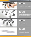 Step-by-step usage of Three Station Edge Roller Bender for Standing Seam Roofing, from adjusting roller height to completing processing.