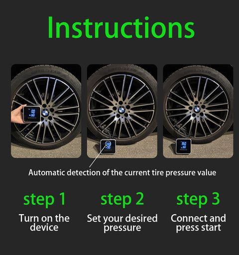 Inflation steps for Portable Tire Inflator Air Compressor 150 PSI For Cars, Motorcycles, Bicycles And Balls.