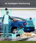 Man washing car with 2K Ultra Clear Solar Wireless Outdoor Security Camera With 360 Degree PTZ, dog lying nearby, AI monitoring.
