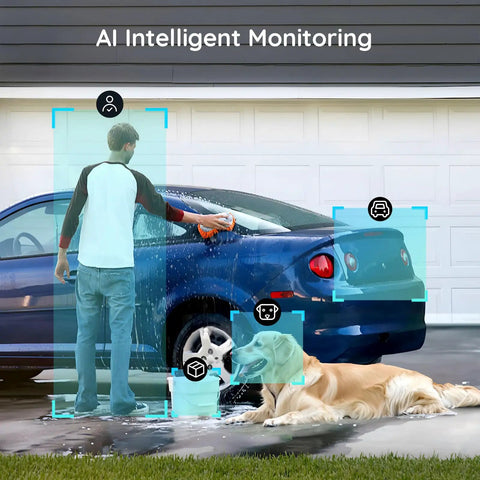 Man washing car with 2K Ultra Clear Solar Wireless Outdoor Security Camera With 360 Degree PTZ, dog lying nearby, AI monitoring.